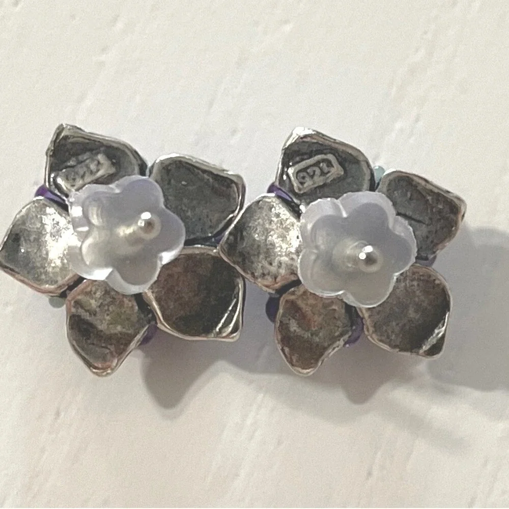 Sterling Silver Petite Purple Flower Stud Earrings Glass Lampwork Earrings‎